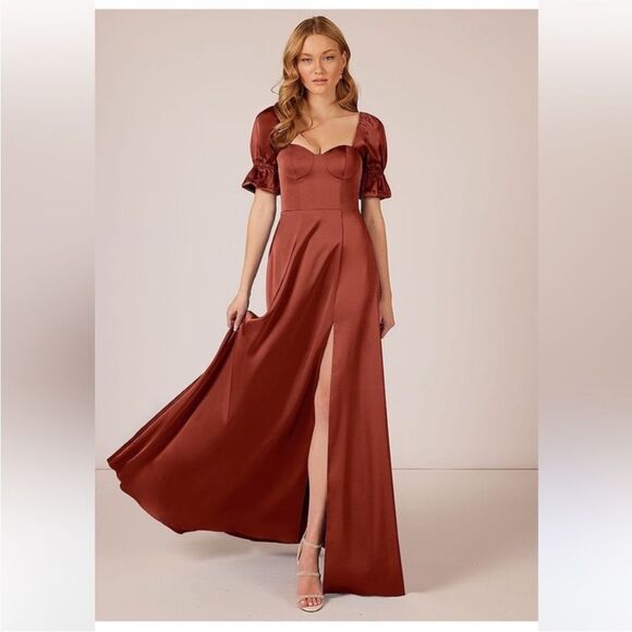 NWT Azazie Harlie Stretch Satin Dress Terracotta Size 12 - Picture 2 of 12